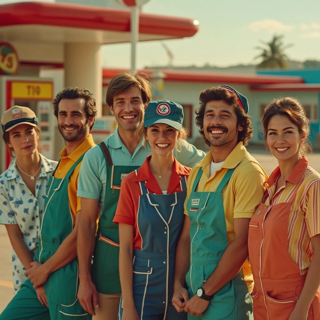Equipo de empleados sonrientes en estación de servicio