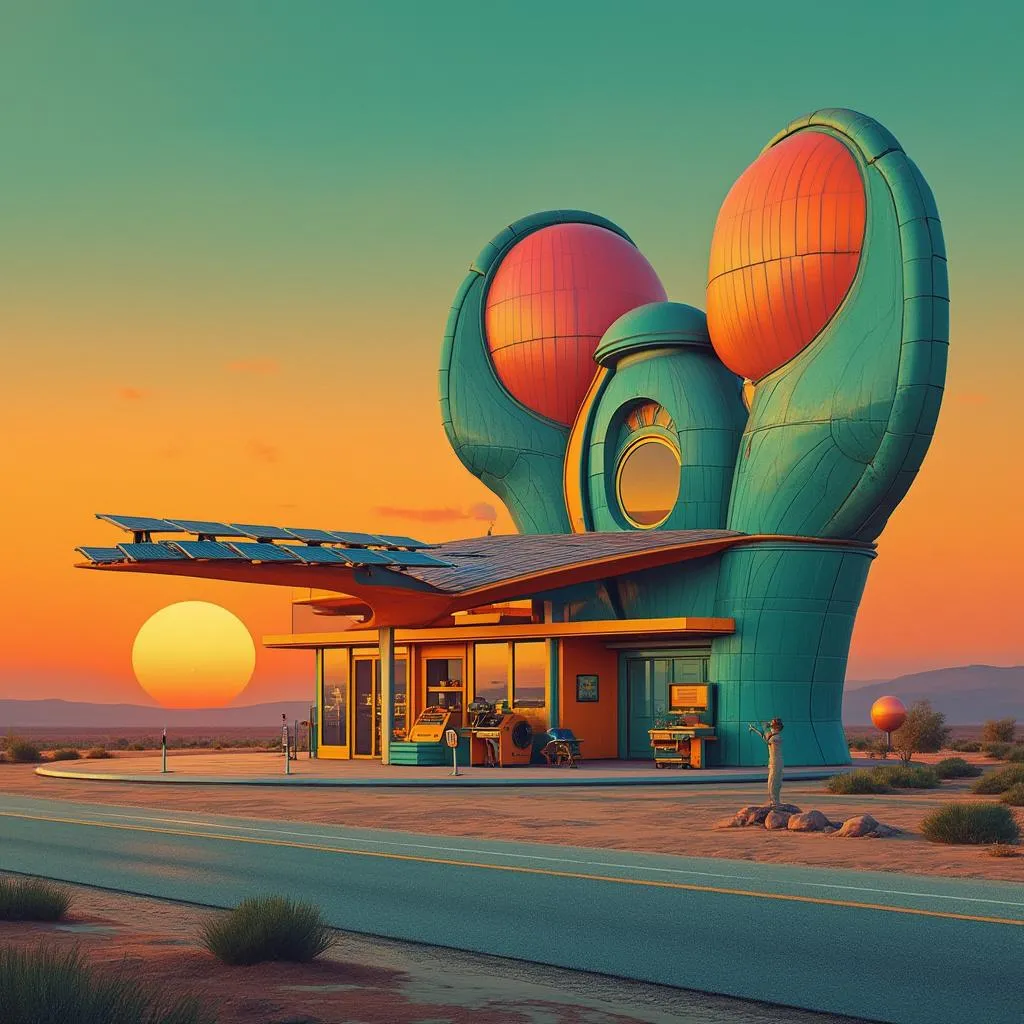 Estación de servicio futurista con elementos biomorfo